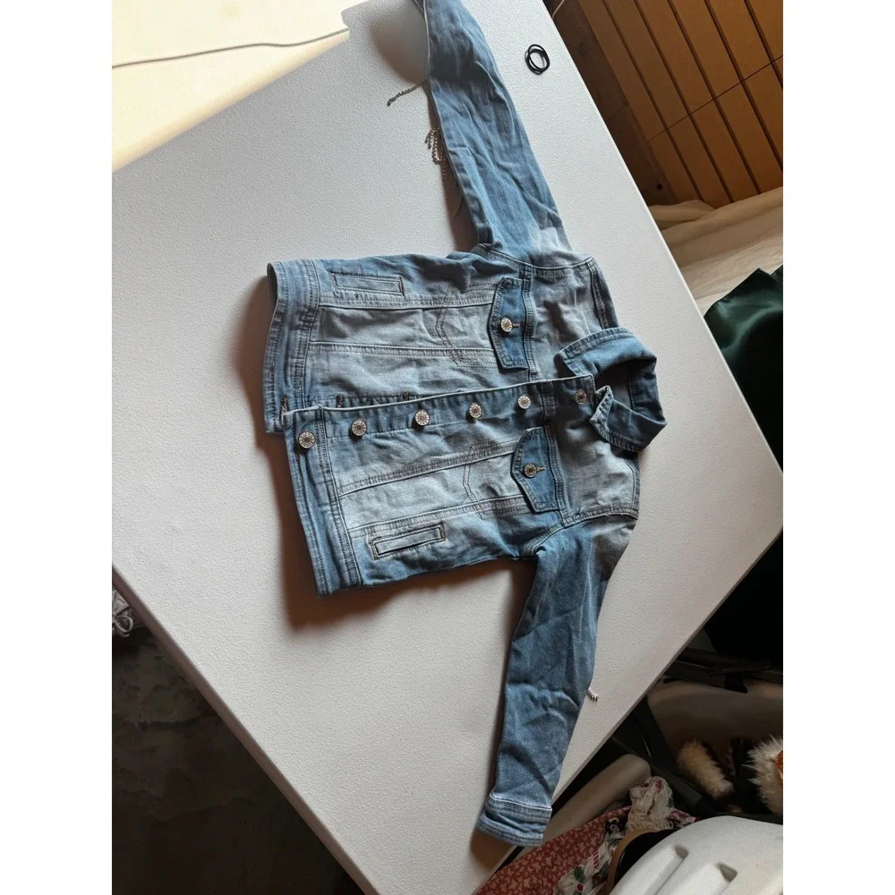 Kids Rhinestone Fringe Denim Jacket Light Wash Western Sparkle Trucker Small